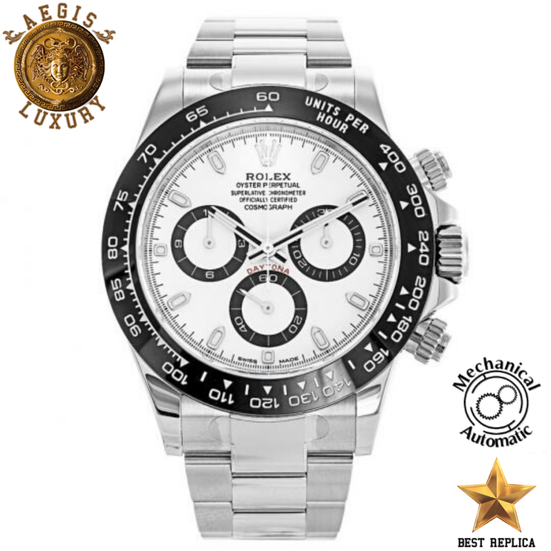 replica rolex daytona black bezel white dial stainless steel silver bracelet watch buvola