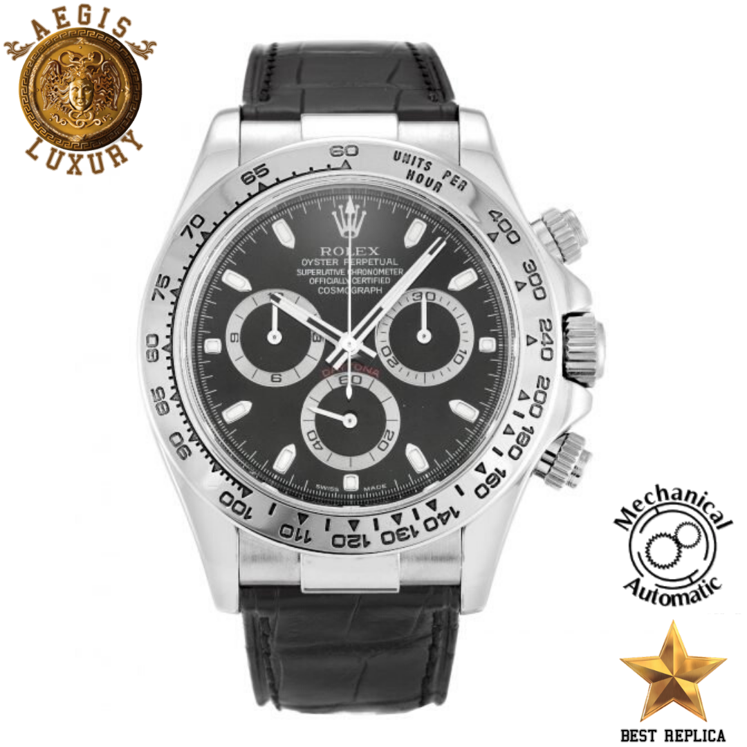 replica rolex daytona black dial black leather strap watch buvola
