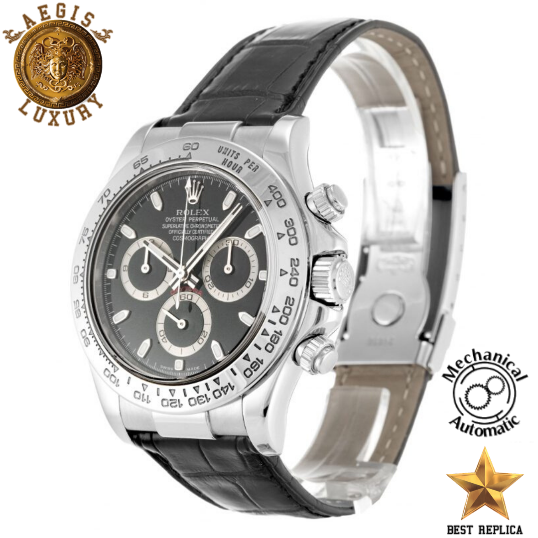 replica rolex daytona black dial chronograph leather strap watch buvola