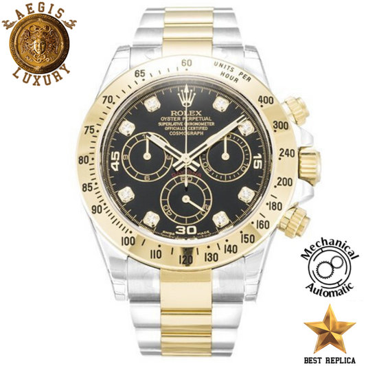replica rolex daytona black dial gold bezel two tone watch buvola