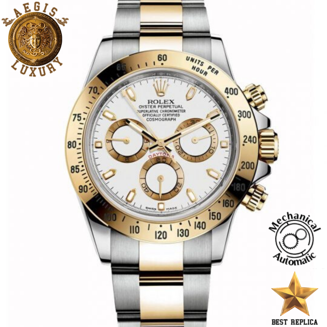 replica rolex daytona gold bezel white dial stainless steel silver gold bracelet watch buvola