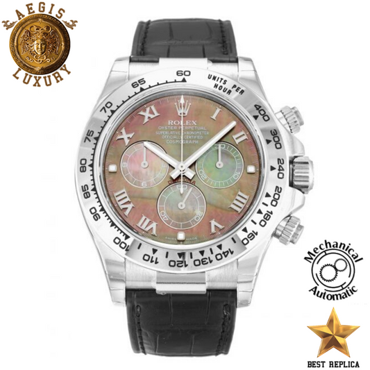replica rolex daytona mop black dial leather strap watch buvola