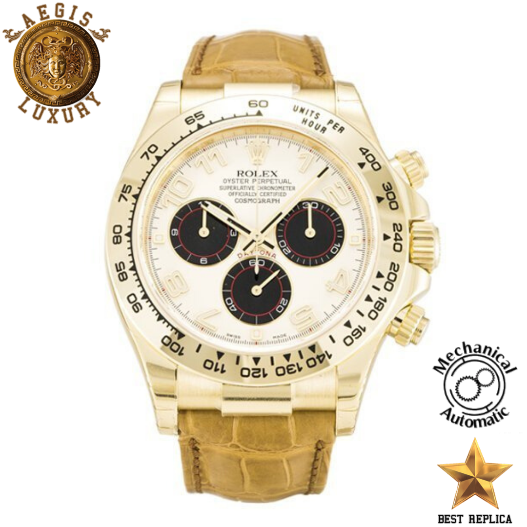replica rolex daytona panda dial yellow gold brown leather strap watch buvola