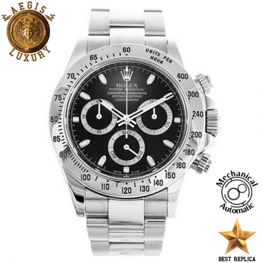 replica rolex daytona silver bezel black dial stainless steel silver bracelet watch buvola