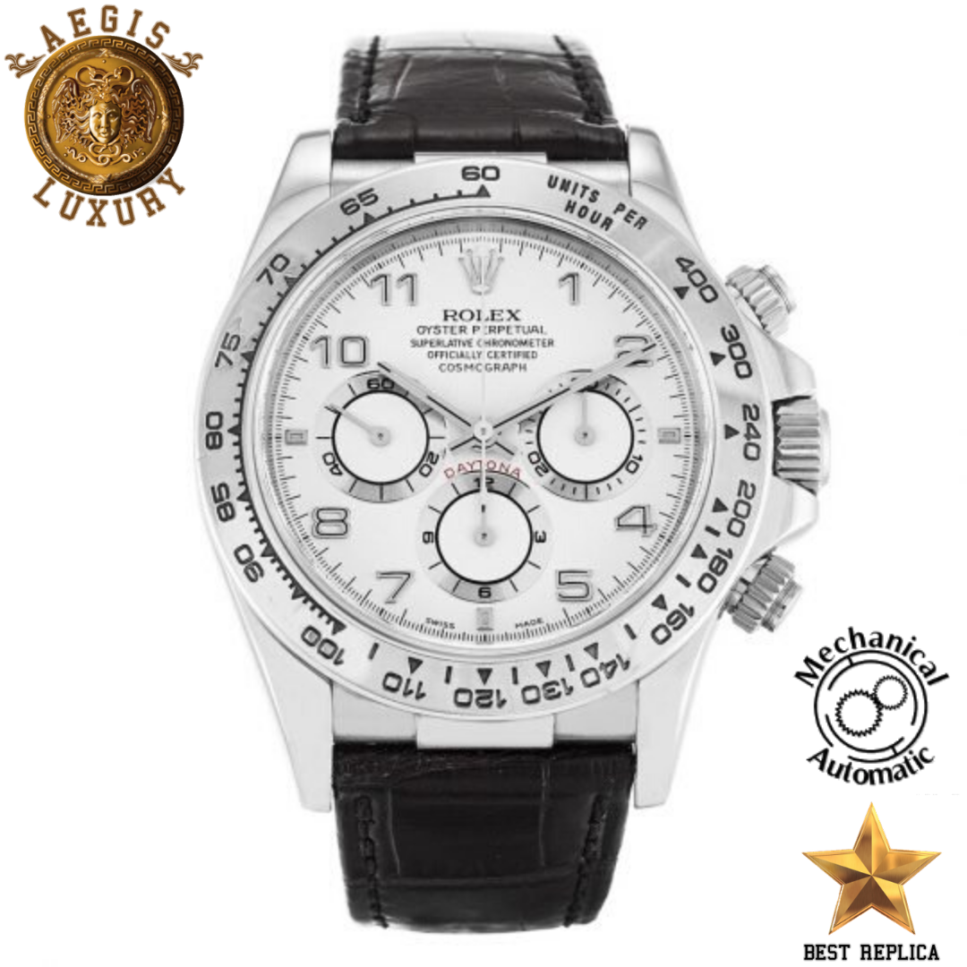 replica rolex daytona white dial black leather strap watch buvola