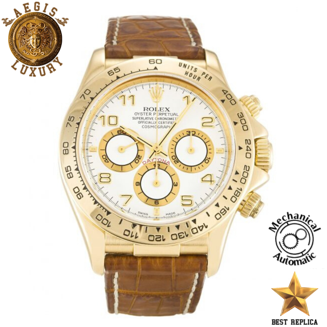 replica rolex daytona white dial yellow gold brown leather strap watch buvola