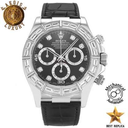 replica rolex daytona white gold diamond dial leather strap watch buvola