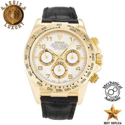 replica rolex daytona yellow gold bezel white dial yellow gold case black leather strap watch buvola