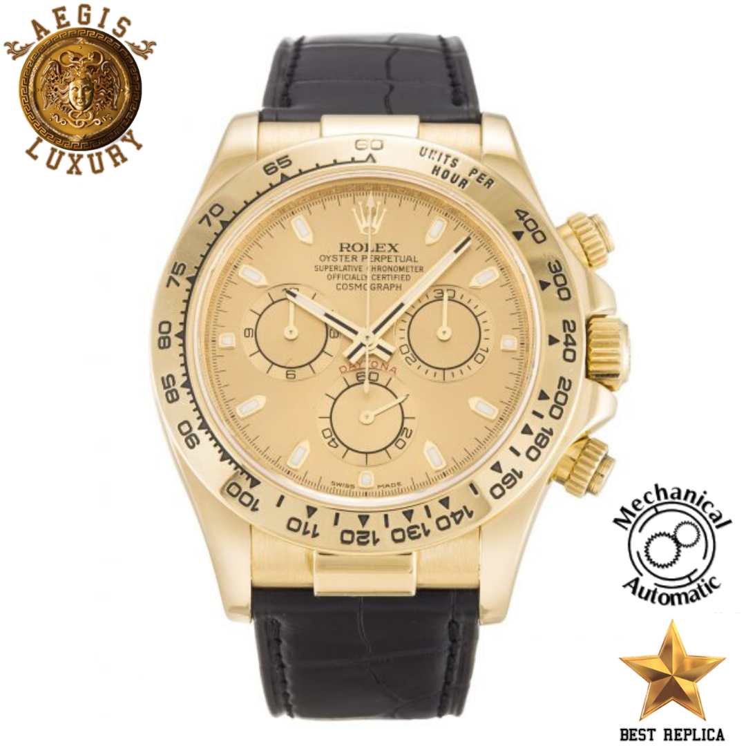 replica rolex daytona yellow gold champagne dial alligator strap watch buvola