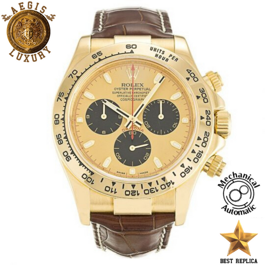 replica rolex daytona yellow gold champagne dial leather strap watch buvola