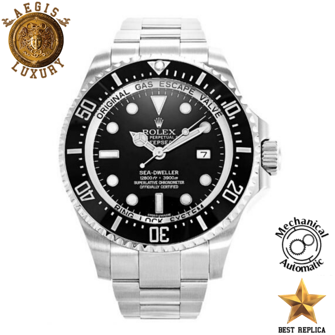 replica rolex deepsea black bezel black dial silver stainless steel luxury watch front view