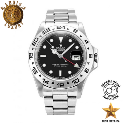 replica rolex explorer black dial silver stainless steel luxury watch front view