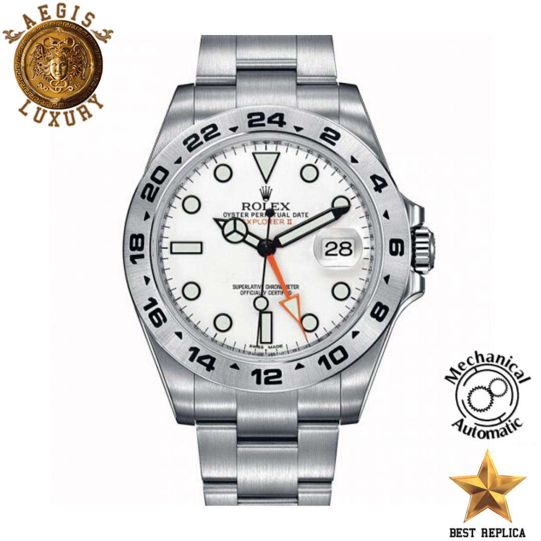 replica rolex explorer ii white dial silver stainless steel luxury watch front view