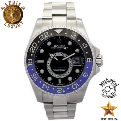 replica rolex gmt master ii batman black dial batman bezel silver steel case strap watch buvola