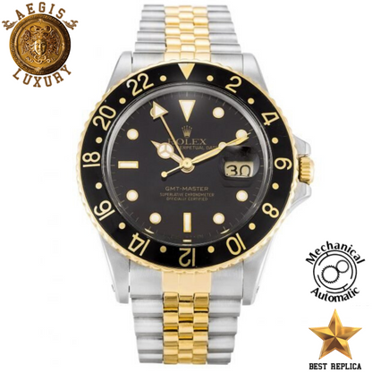 replica rolex gmt master ii black dial black bezel silver gold strap watch buvola