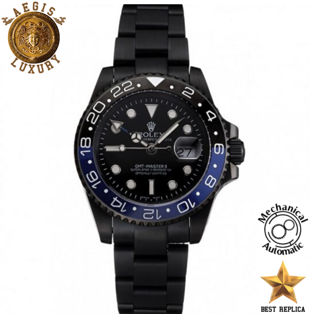 replica rolex gmt master ii black dial blue black bezel black case watch buvola