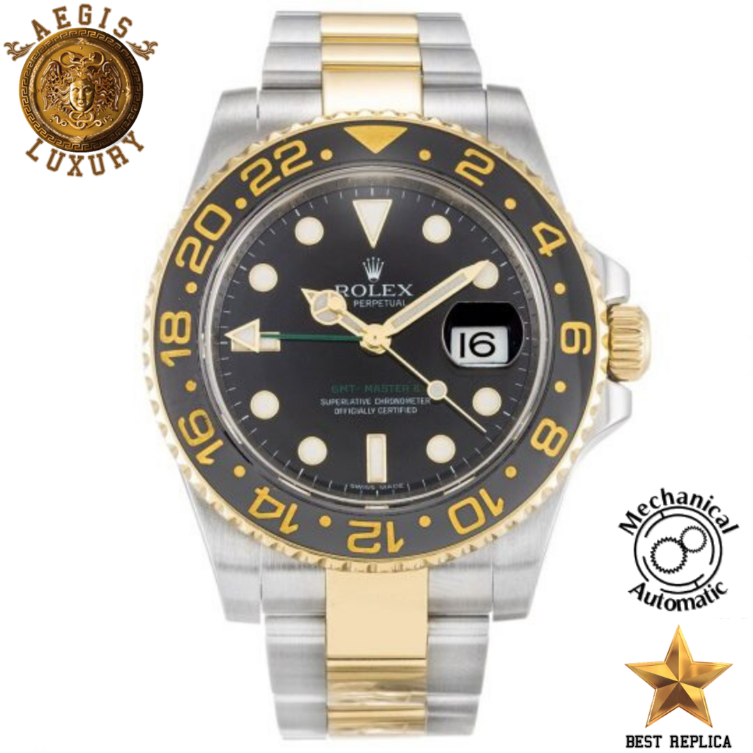 replica rolex gmt master ii black dial silver gold strap watch buvola