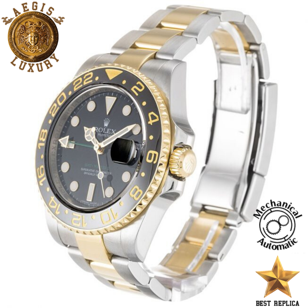 replica rolex gmt master ii black dial two tone bracelet watch buvola