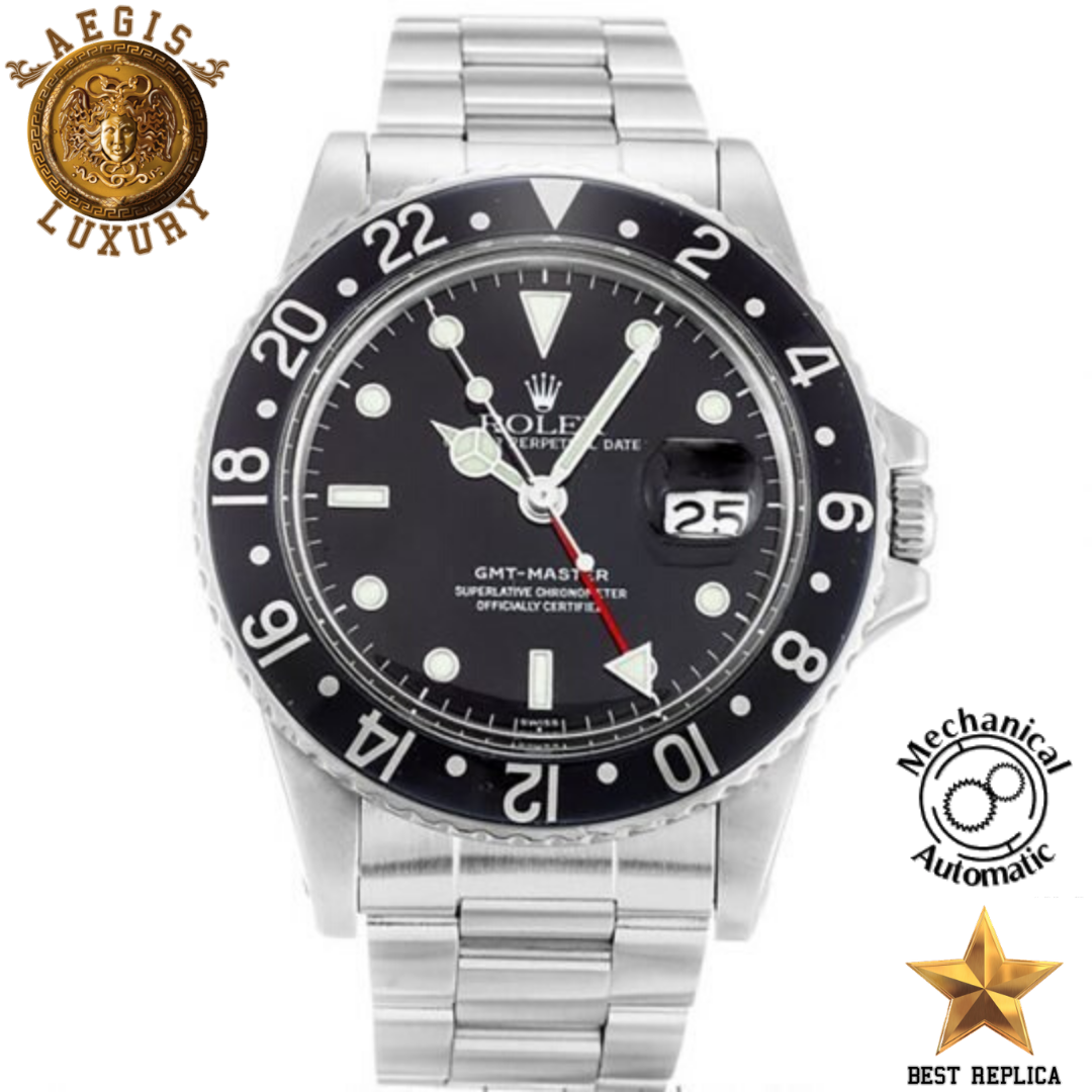 replica rolex gmt master ii black dial silver strap watch buvola
