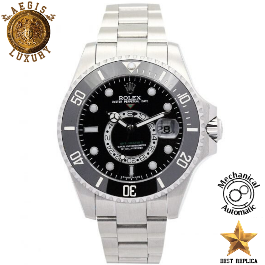 replica rolex gmt master ii black dial stainless steel strap black bezel watch buvola