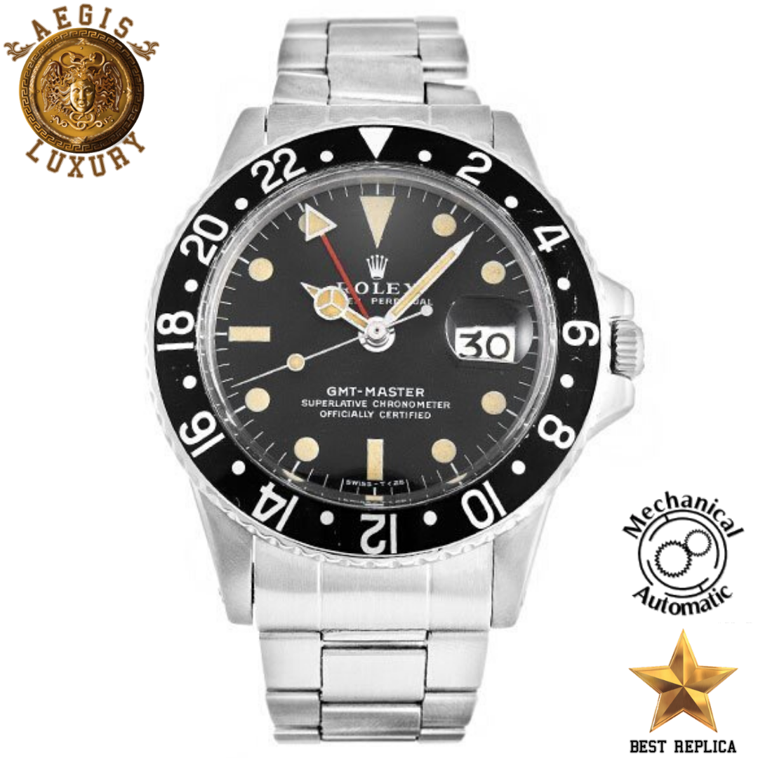 replica rolex gmt master ii black yellow dial silver strap watch buvola