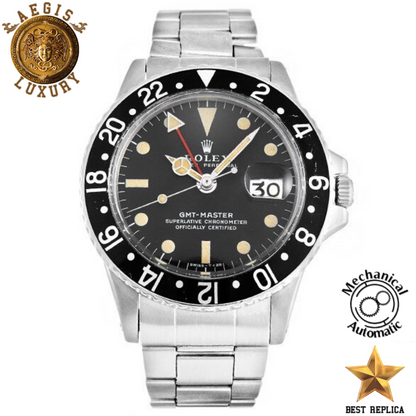 replica rolex gmt master ii black yellow dial silver strap watch buvola