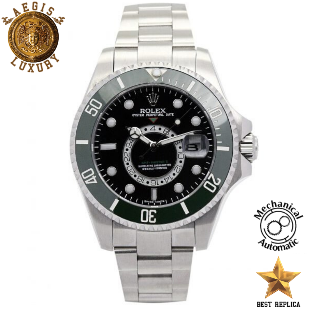 replica rolex gmt master ii green bezel silver strap watch buvola