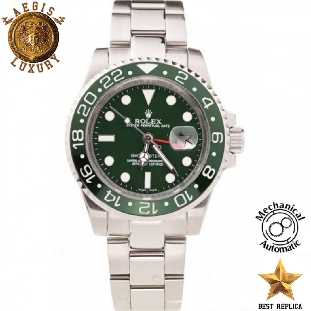 replica rolex gmt master ii green dial green bezel silver steel case strap watch buvola