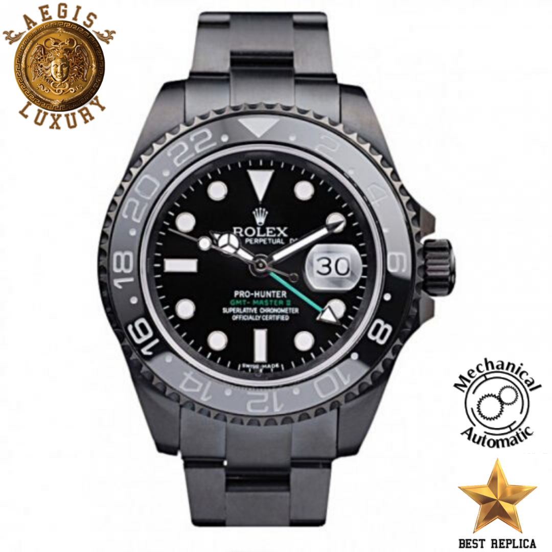 replica rolex gmt master ii pro hunter black steel strap black dial watch buvola