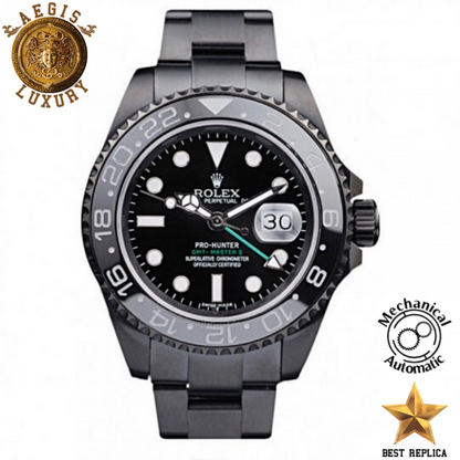 replica rolex gmt master ii pro hunter black steel strap black dial watch buvola