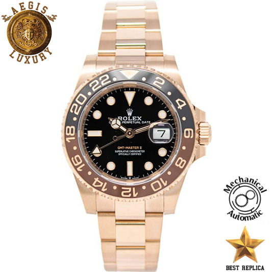replica rolex gmt master ii rose gold ceramic root bezel black dial oyster watch buvola