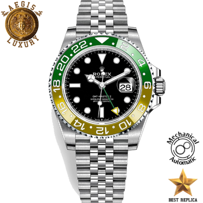 replica rolex gmt master ii sprite black dial sprite bezel silver steel case strap watch buvola