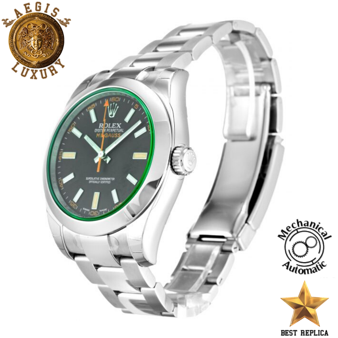 replica rolex milgauss black dial orange markers premium luxury watch angle view