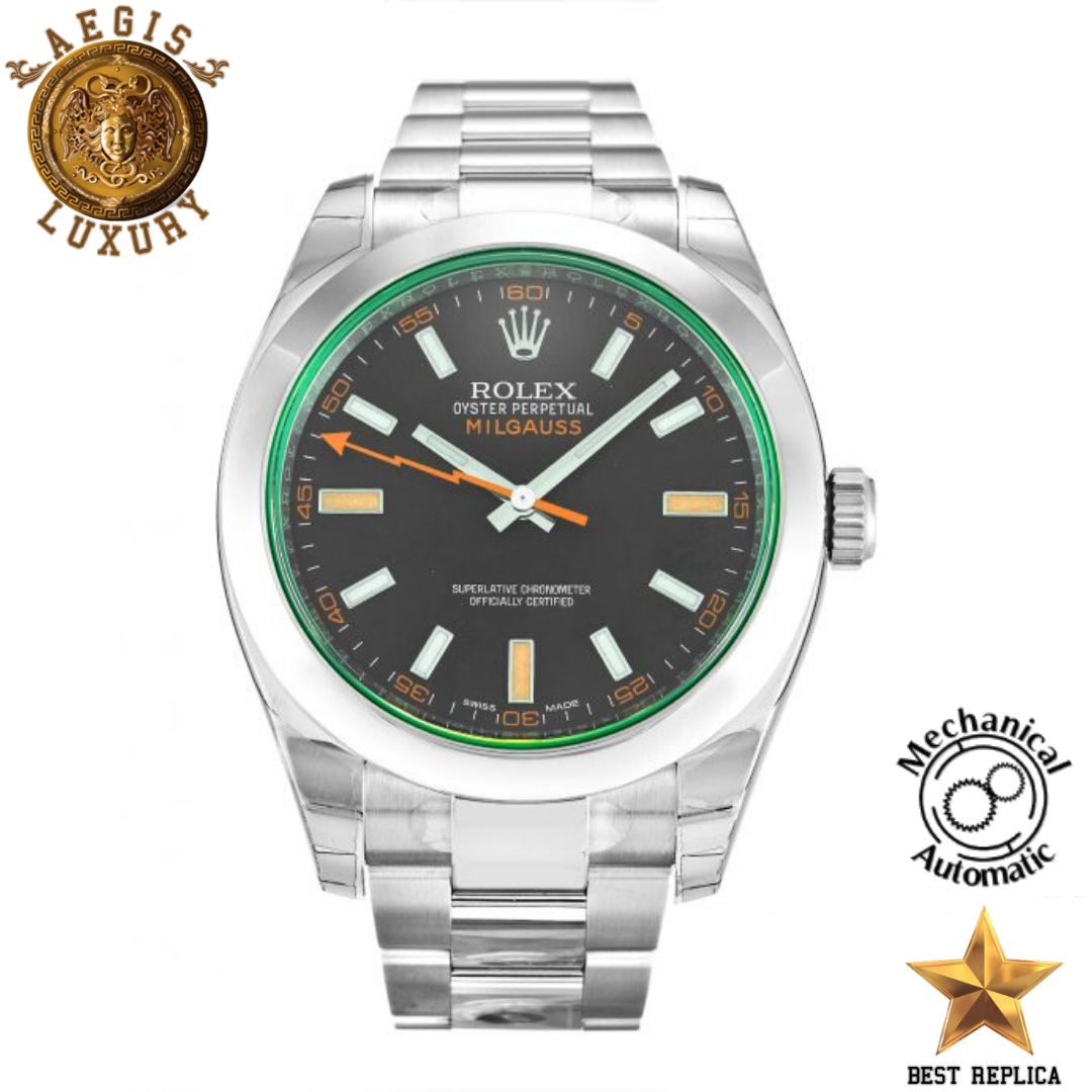 replica rolex milgauss black dial orange markings stainless steel luxury watch front view