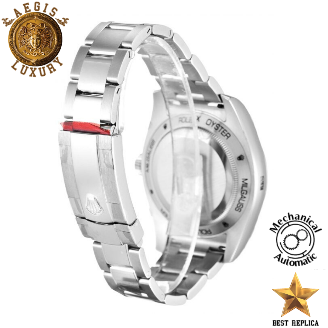 replica rolex milgauss silver stainless steel luxury watch side profile
