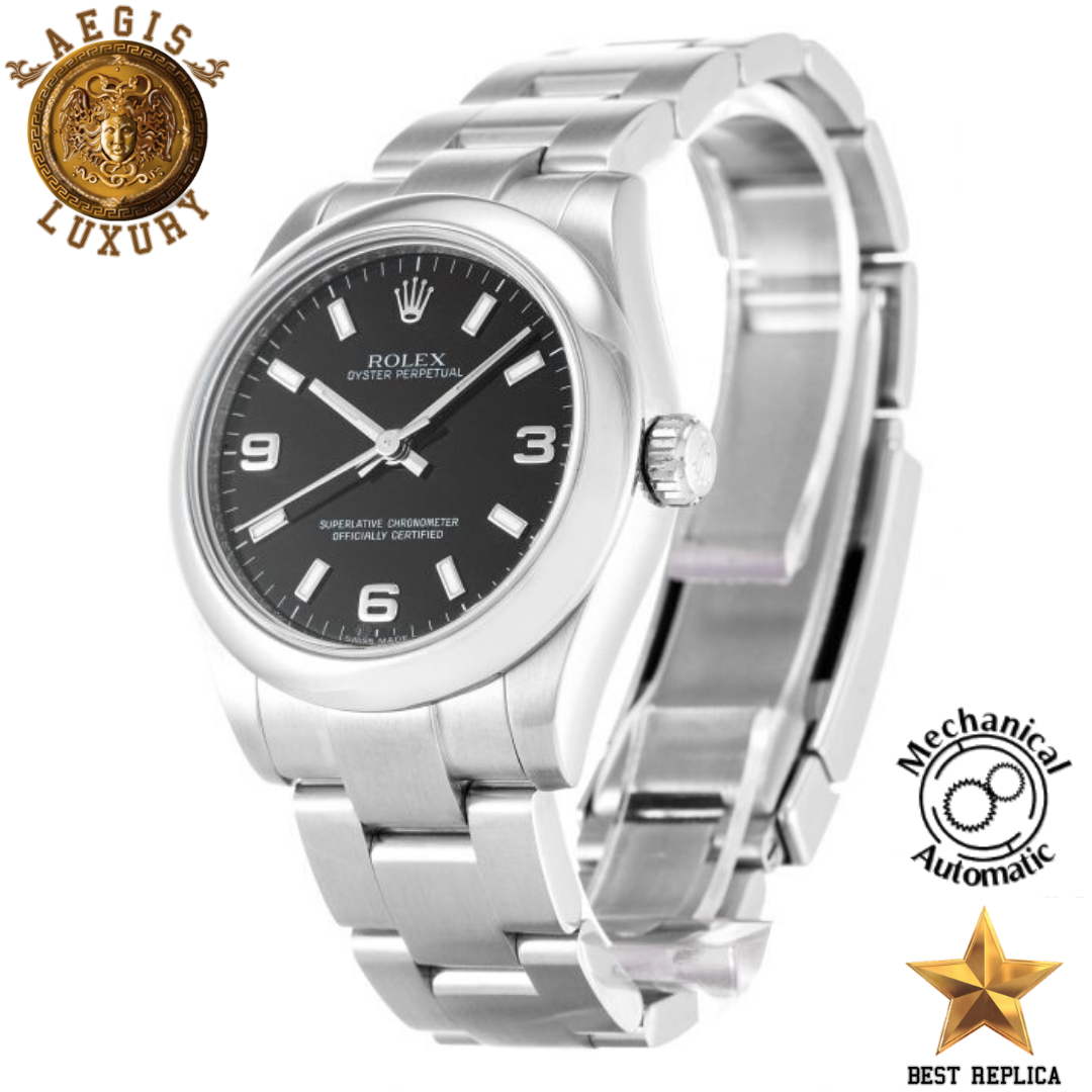 replica rolex oyster perpetual black dial premium luxury watch angle view