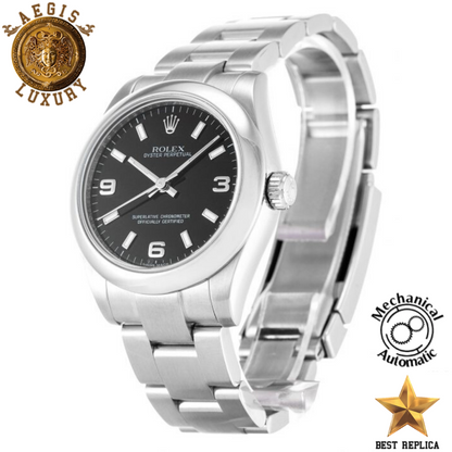 replica rolex oyster perpetual black dial premium luxury watch angle view