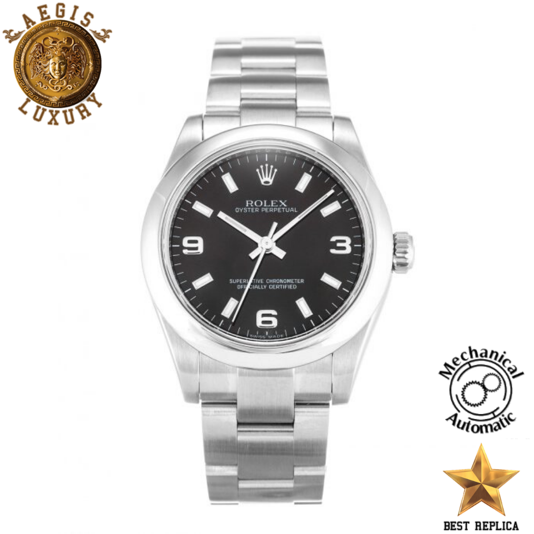 replica rolex oyster perpetual date black dial stainless steel luxury watch front view