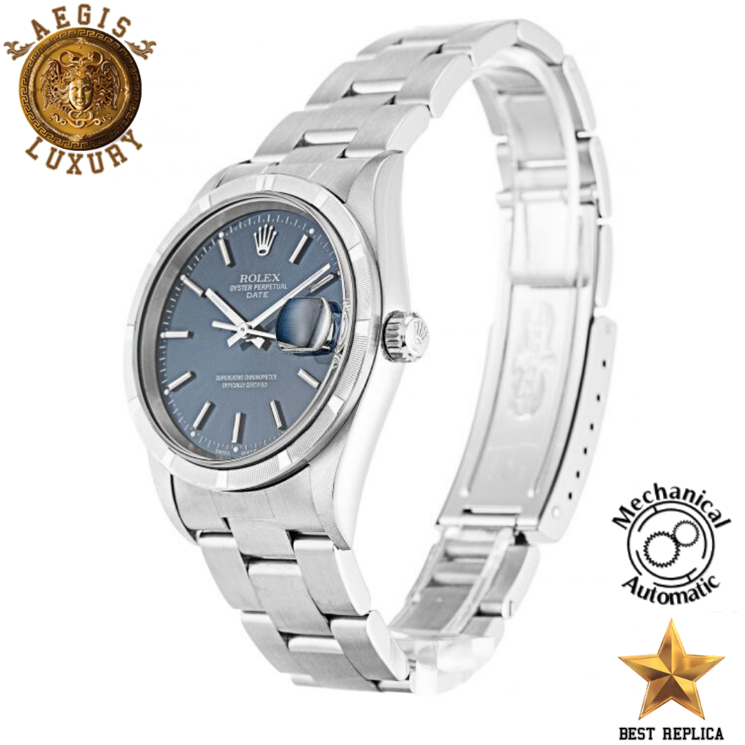 replica rolex oyster perpetual blue dial silver bezel premium luxury watch angle view
