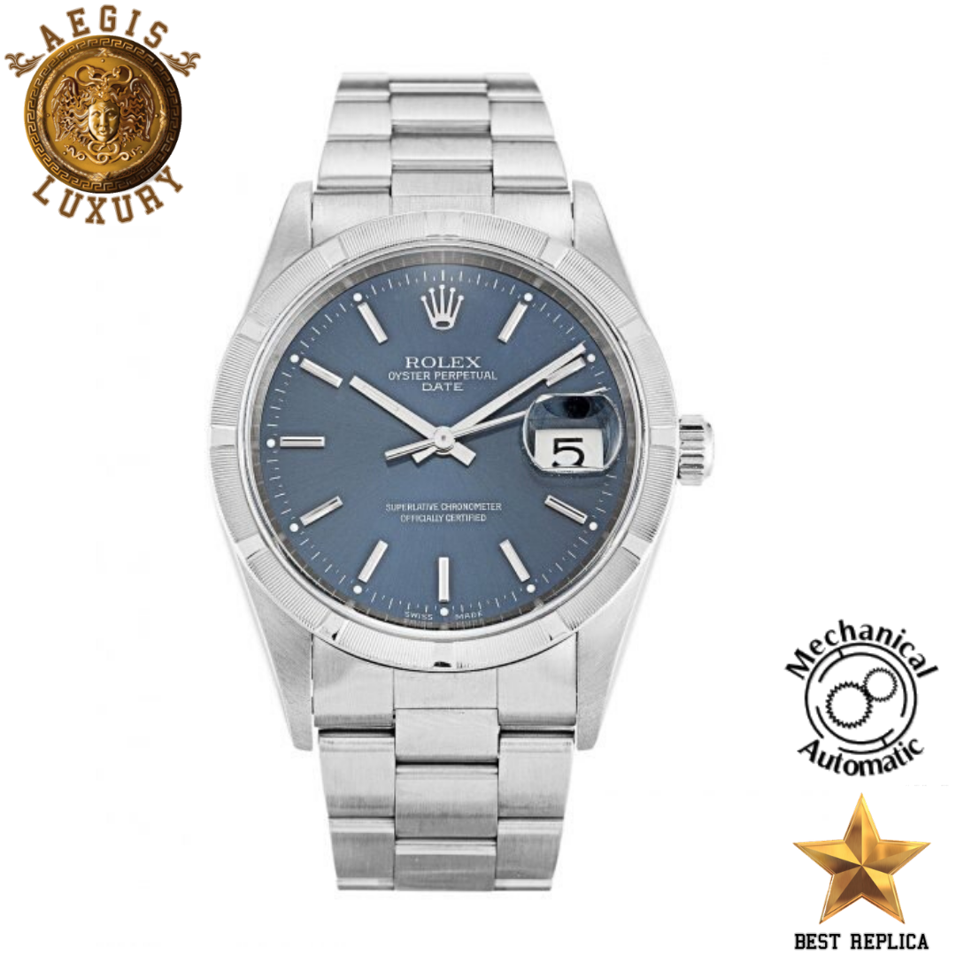 replica rolex oyster perpetual date blue dial silver bezel stainless steel luxury watch front view