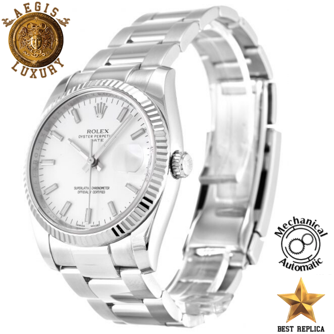replica rolex oyster perpetual silver baton dial premium luxury watch angle view