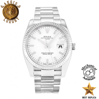 replica rolex oyster perpetual date silver baton dial stainless steel luxury watch front view