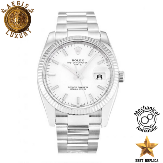 replica rolex oyster perpetual date silver baton dial stainless steel luxury watch front view