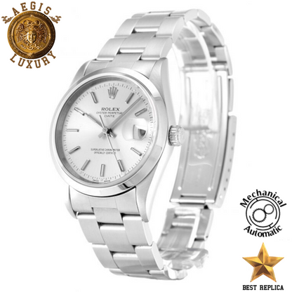 replica rolex oyster perpetual silver baton dial premium luxury watch angle view