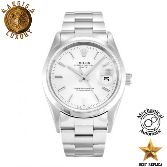 replica rolex oyster perpetual date silver baton dial stainless steel luxury watch front view