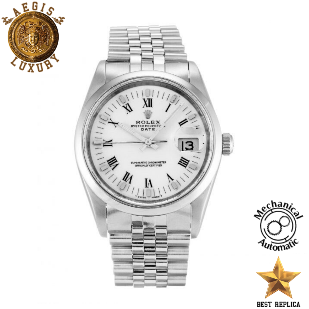 replica rolex oyster perpetual date white roman number dial jubilee luxury watch front view