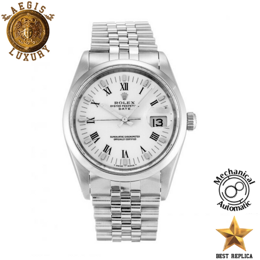 replica rolex oyster perpetual date white roman number dial jubilee luxury watch front view
