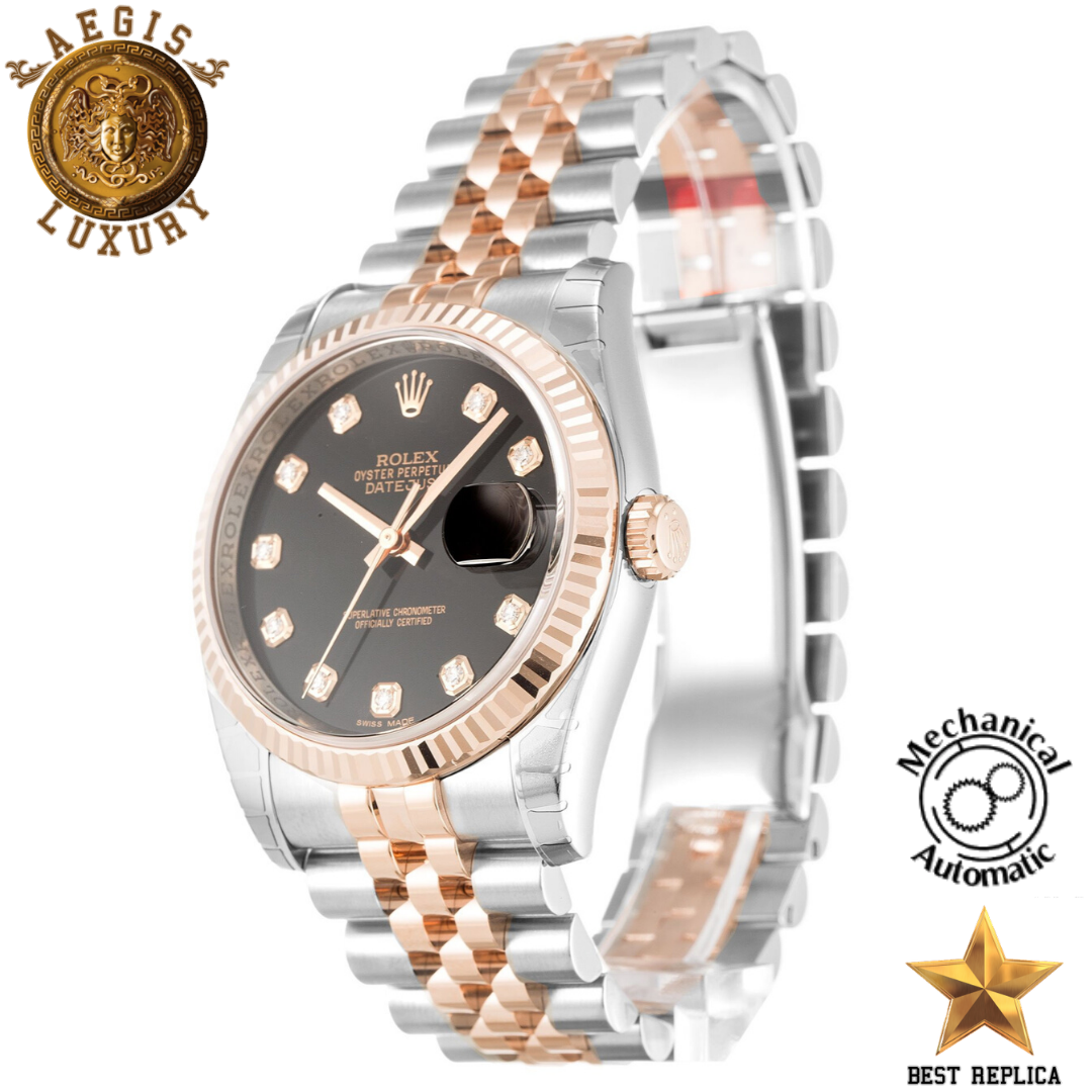 replica rolex oyster perpetual datejust black diamond dial premium luxury watch angle view