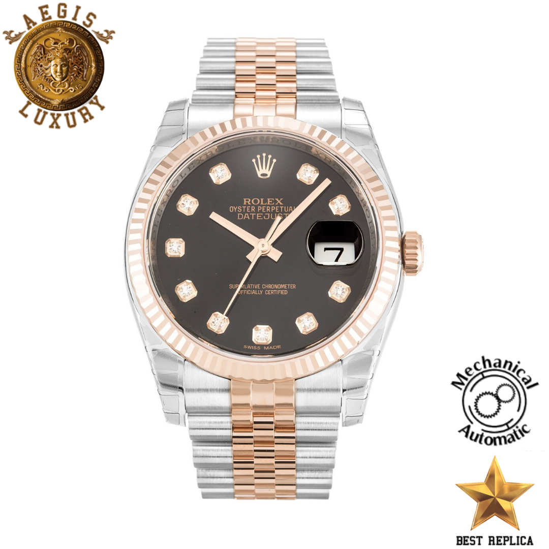 replica rolex oyster perpetual datejust black diamond dial rose gold two tone luxury watch front view