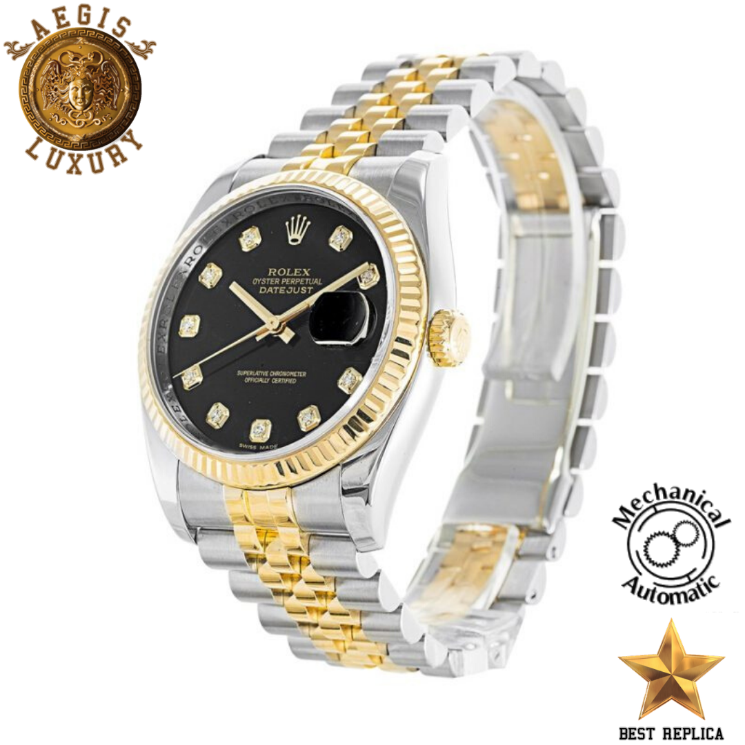 replica rolex oyster perpetual datejust black diamond dial premium luxury watch angle view
